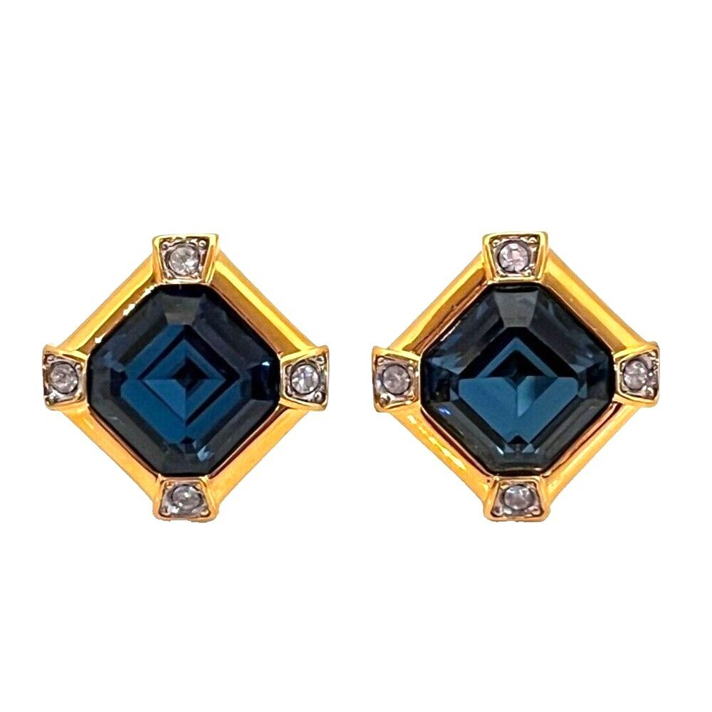 Vintage 1980s Clip On Earrings Blue Faceted Stone Crystal Gold Tone - 5F